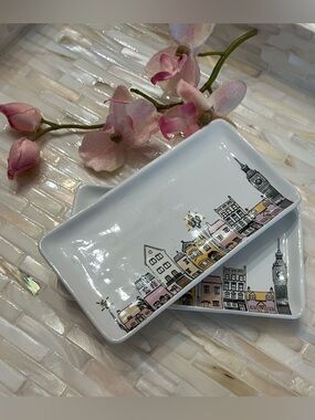 Two Whimsical English Long Townhouse Illustrated Trinket Dishes by Lisa Angel